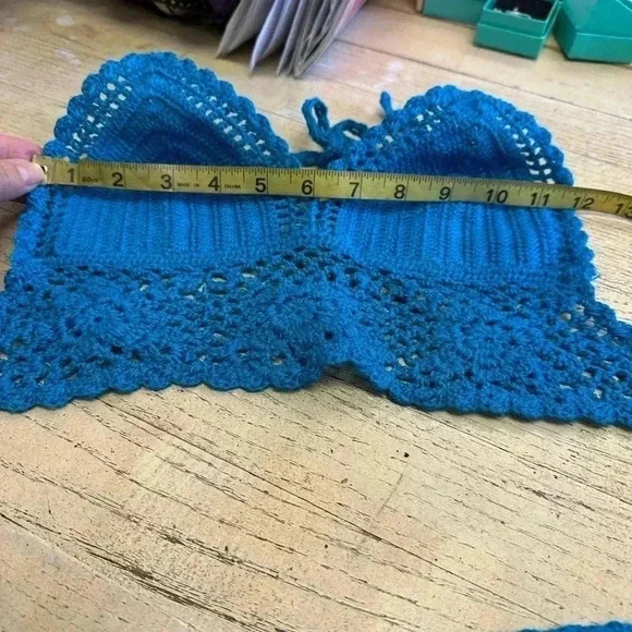 Blue Knit Crochet Bustier, Size Small , Adjustable halter and back - Picture 7 of 8